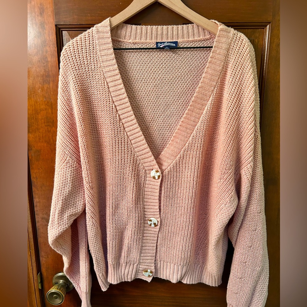 Freshman Pink Cardigan Sweater V-Neck Soft Ribbed Knit. Size XL - Picture 1 of 6